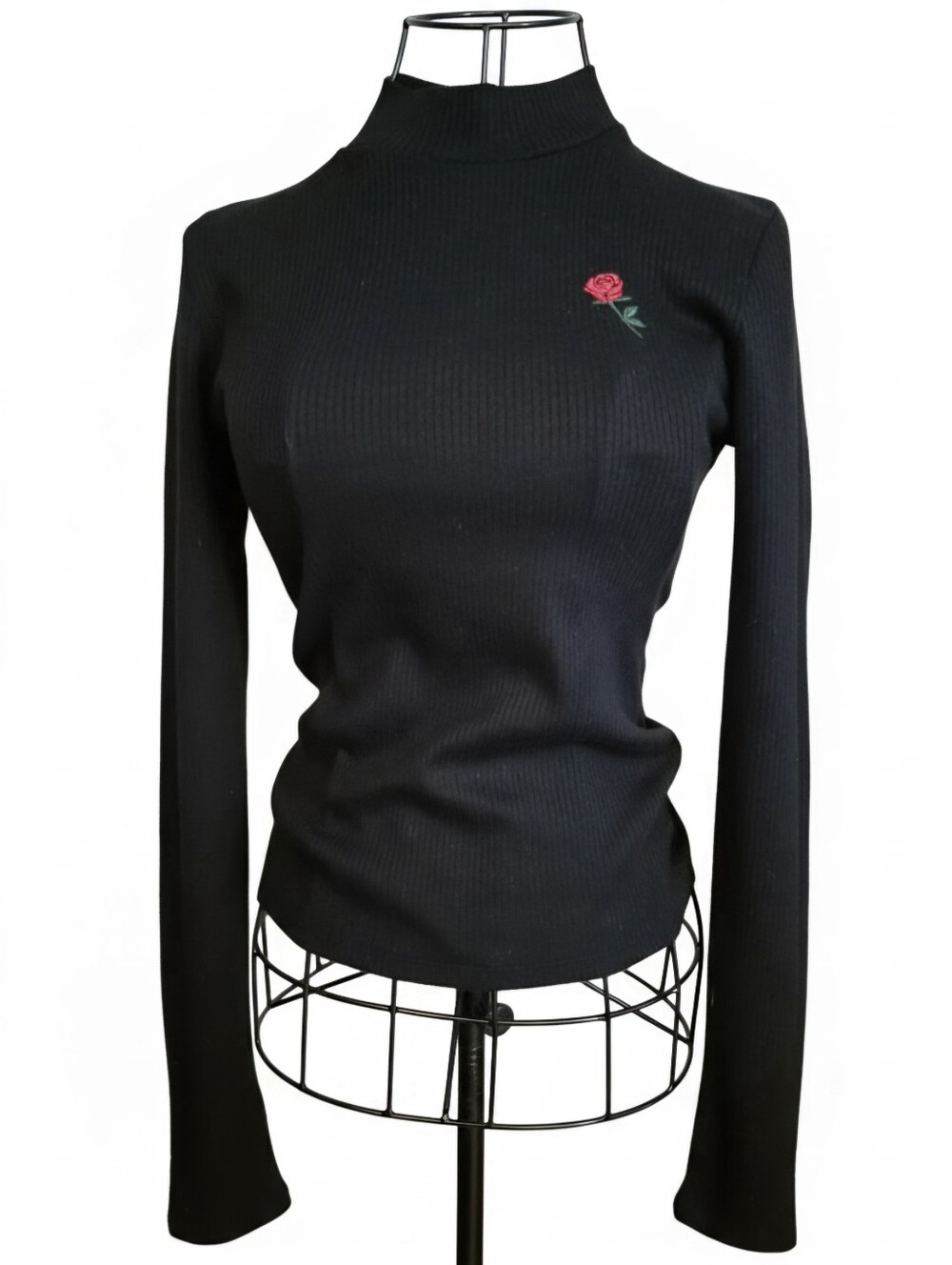 Forever 21 Black Ribbed Mock Neck Top with Rose